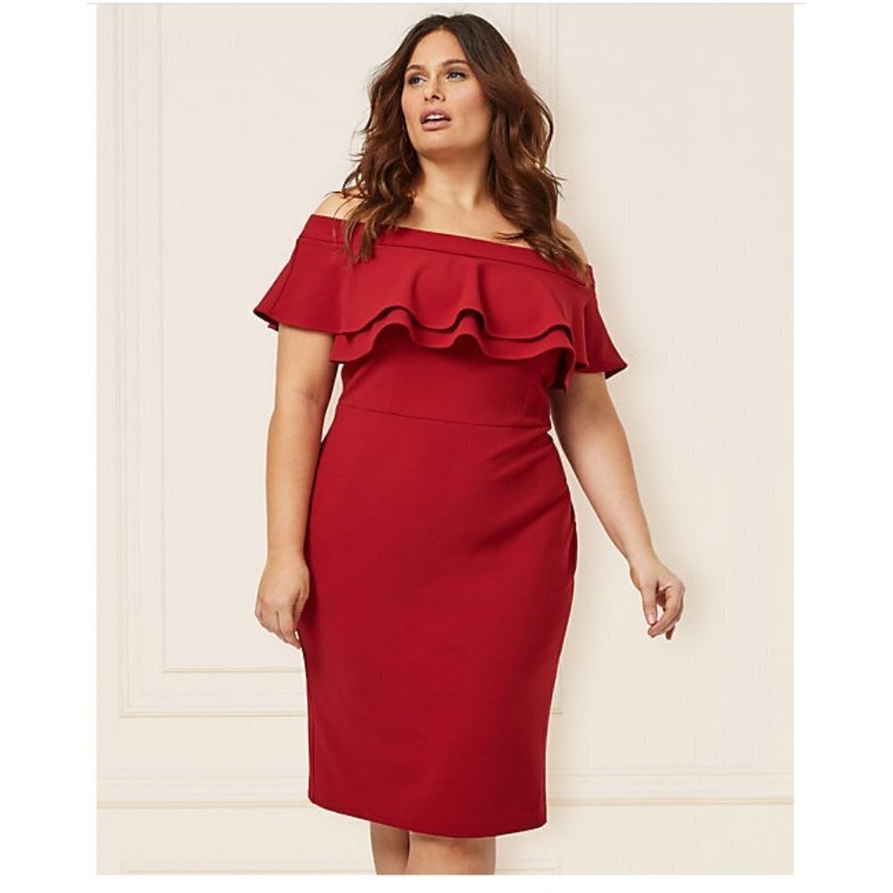 Women Le Chateau Knit Crêpe Off-the-Shoulder Dress Size 2X Red - Picture 2 of 6